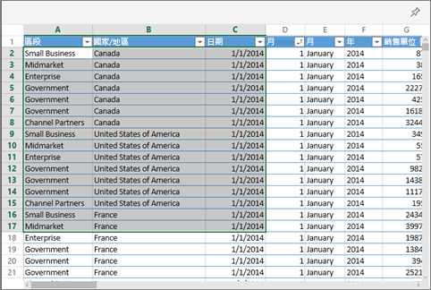 顯示 Excel 活頁簿中所選儲存格的螢幕擷取畫面。