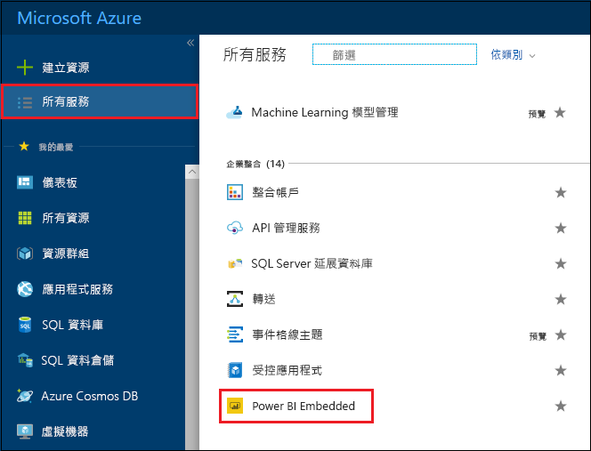 Screenshot of the Azure portal, which shows the Azure services list.