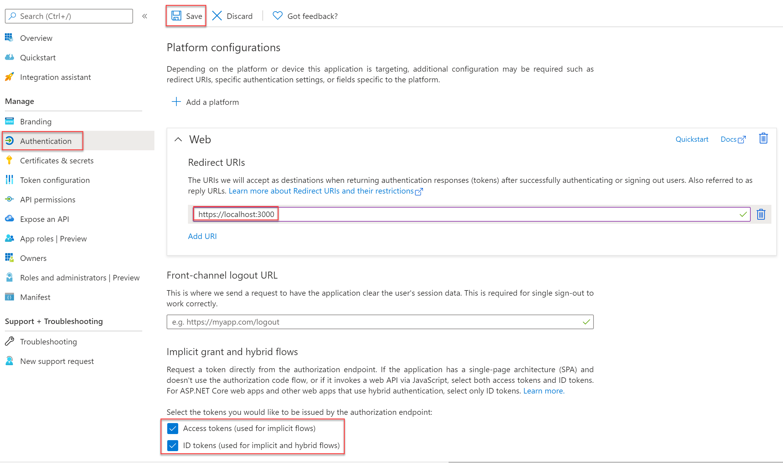 Azure 入口網站視窗的螢幕擷取畫面，其中顯示 Microsoft Entra 應用程式驗證設定，以及針對 localhost 3000 設定的 Web 重新導向 URI。