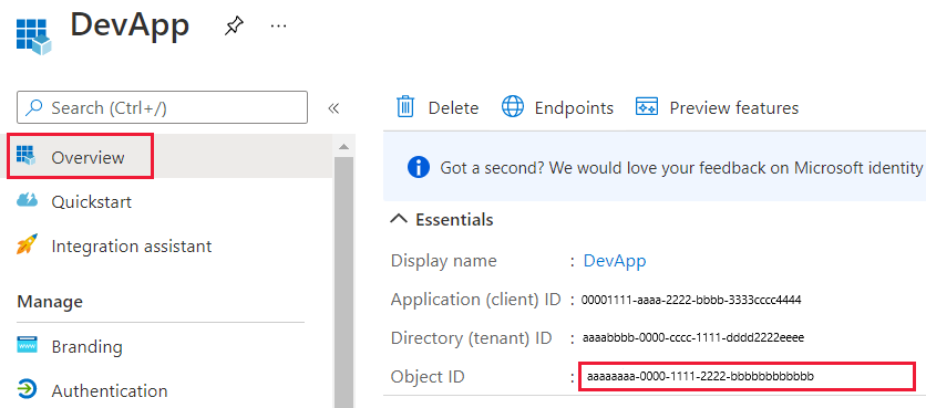 [Azure 入口網站] 視窗的螢幕快照，其中顯示 Microsoft Entra 應用程式的 [概觀] 刀鋒視窗中的物件標識符。