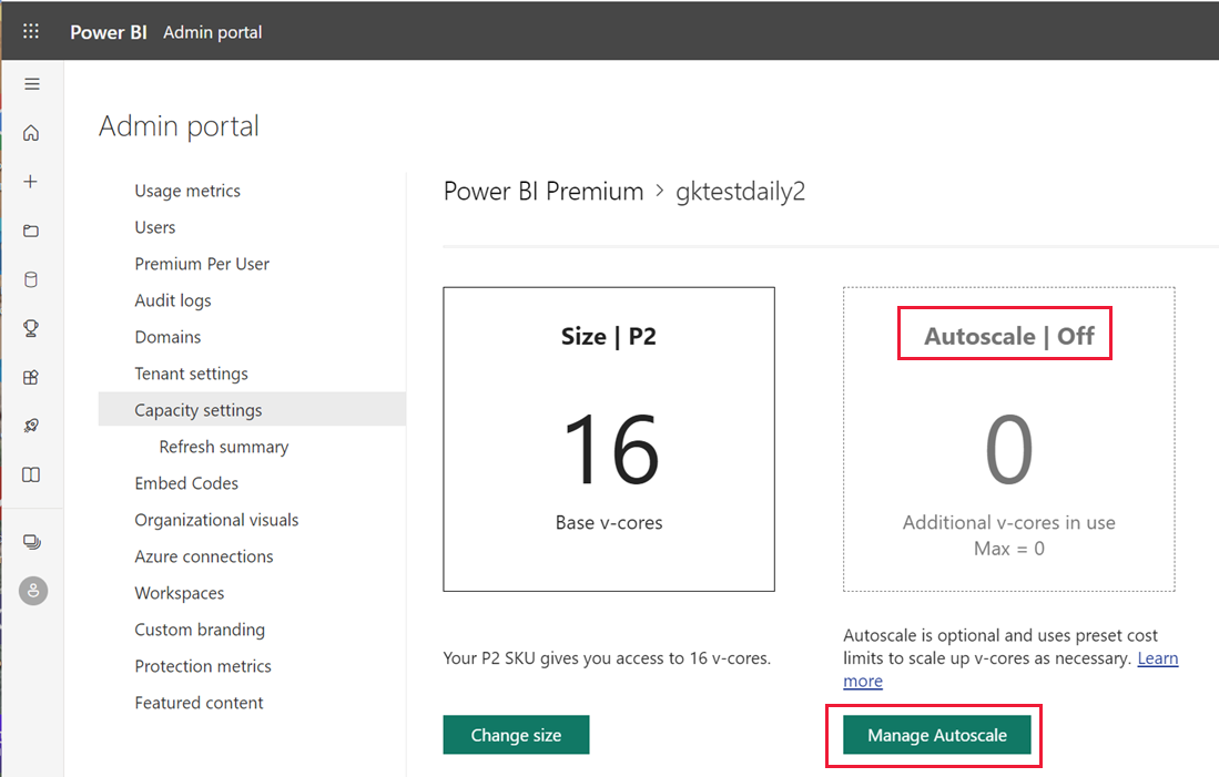 Power BI 管理員 入口網站的螢幕快照，其中顯示容量設定。[自動調整] 和 [管理自動調整] 按鈕會反白顯示。