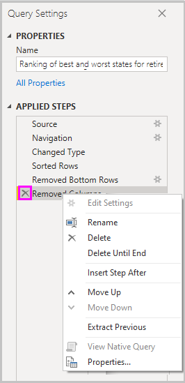 Power B I Desktop 的螢幕擷取畫面，其中顯示 [套用的步驟] 修改選項。