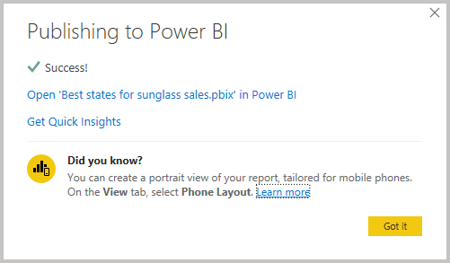 Screenshot of Power B I Desktop showing the Publish Success message.