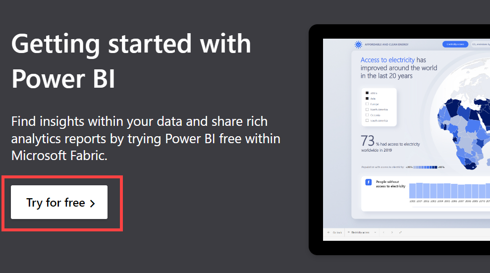 顯示網頁瀏覽器中 powerbi.microsoft.com Power BI 服務 螢幕快照。