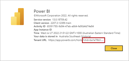 [關於 Power BI] 對話框視窗的螢幕快照，其中已醒目提示客戶租使用者標識碼。