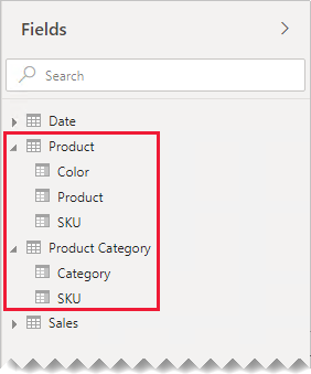 The Fields pane shows both tables expanded, and the columns are listed as fields with Product and Product category called out.