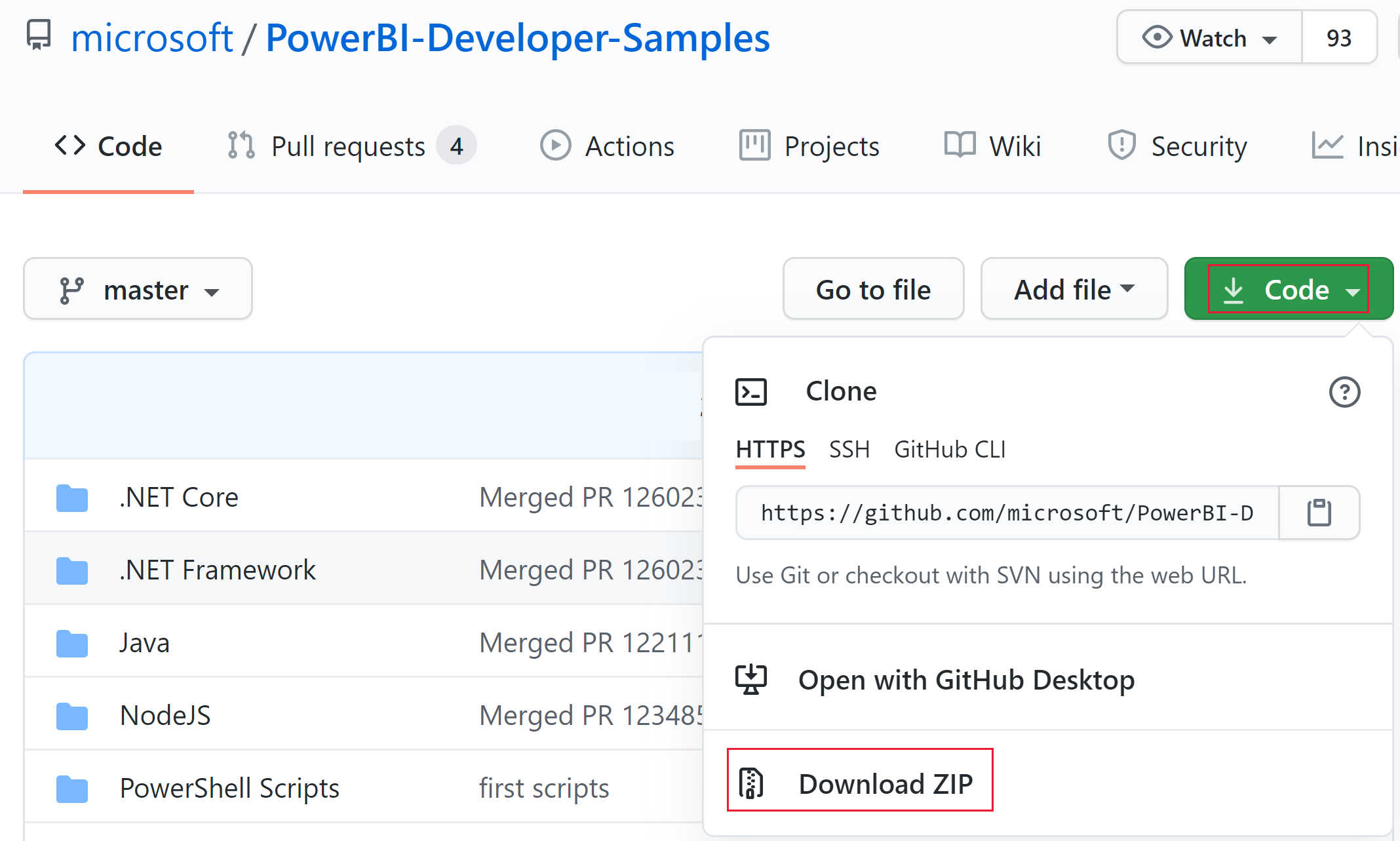 顯示 Power B I 開發人員範例 GitHub 中 ZIP 下載選項的螢幕快照