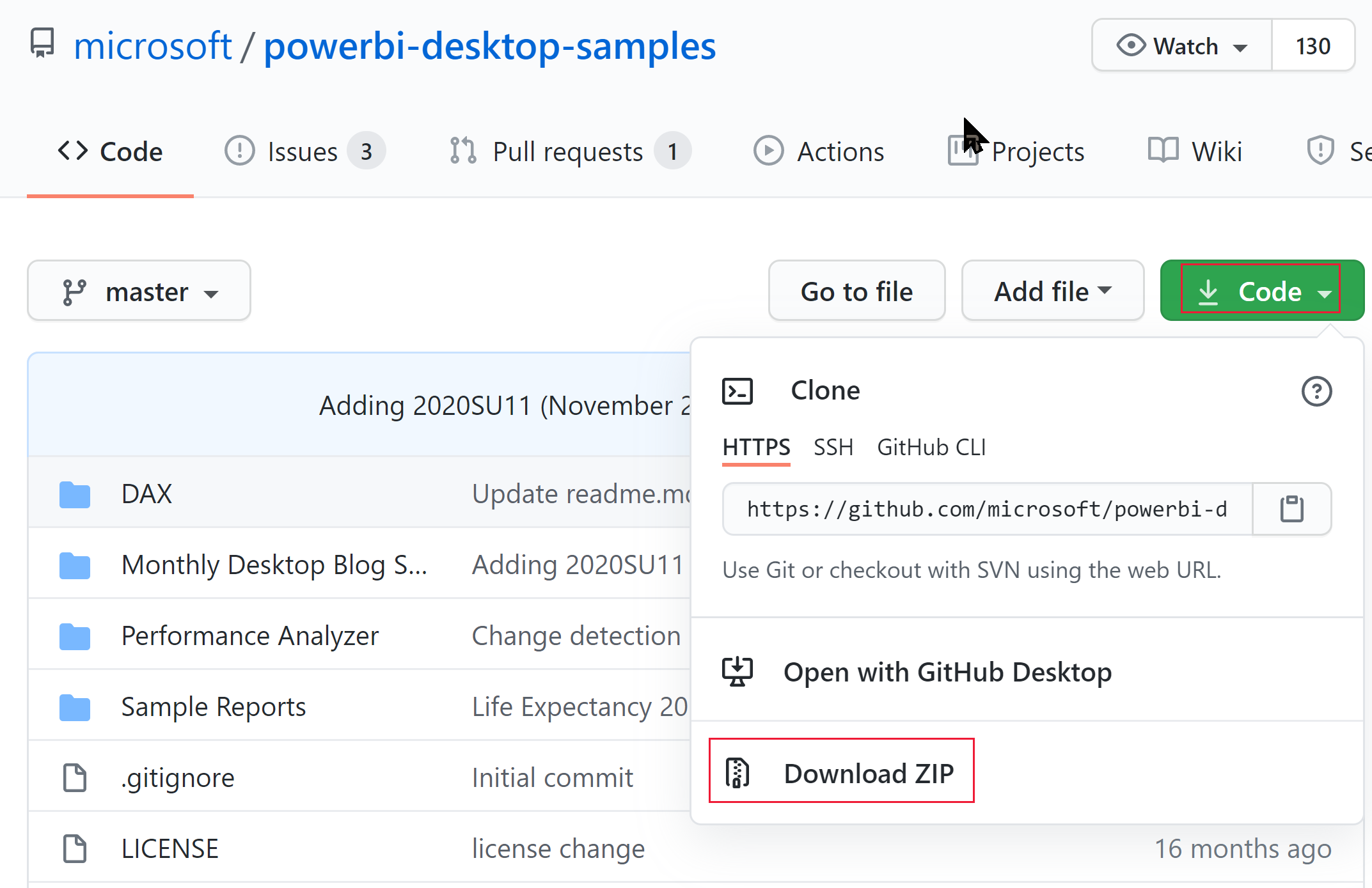 顯示 Power B I 桌面範例 GitHub 中 ZIP 下載選項的螢幕快照