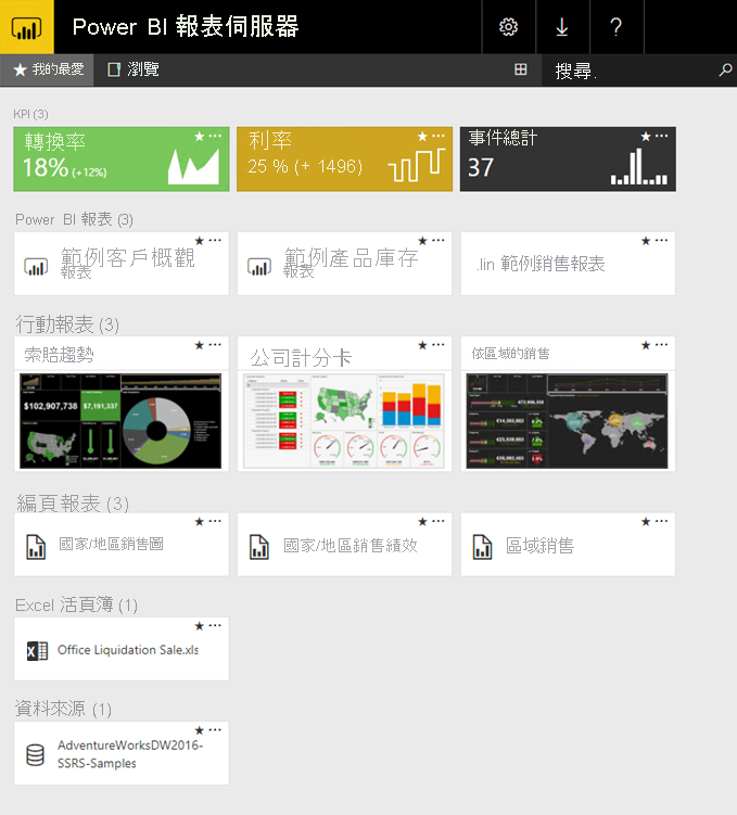 Power BI 報表伺服器入口網站的螢幕擷取畫面。