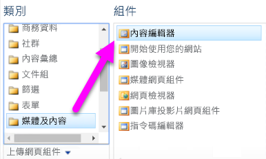 截圖顯示如何選擇內容編輯器網頁部分。