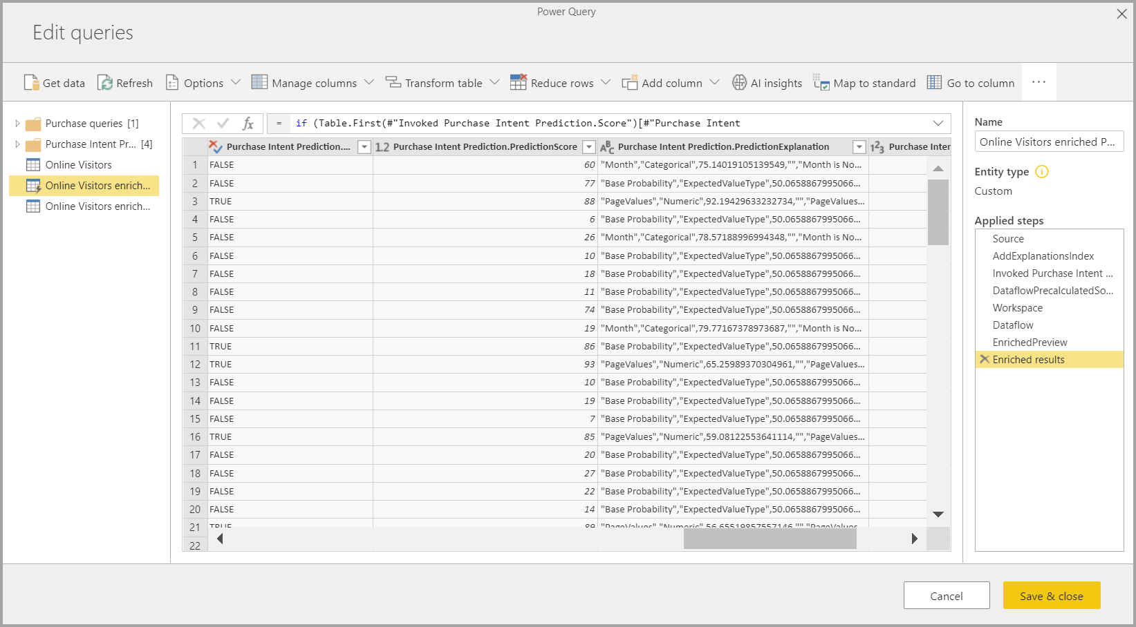 Power Query 的螢幕快照，其中顯示 AutoML 結果。