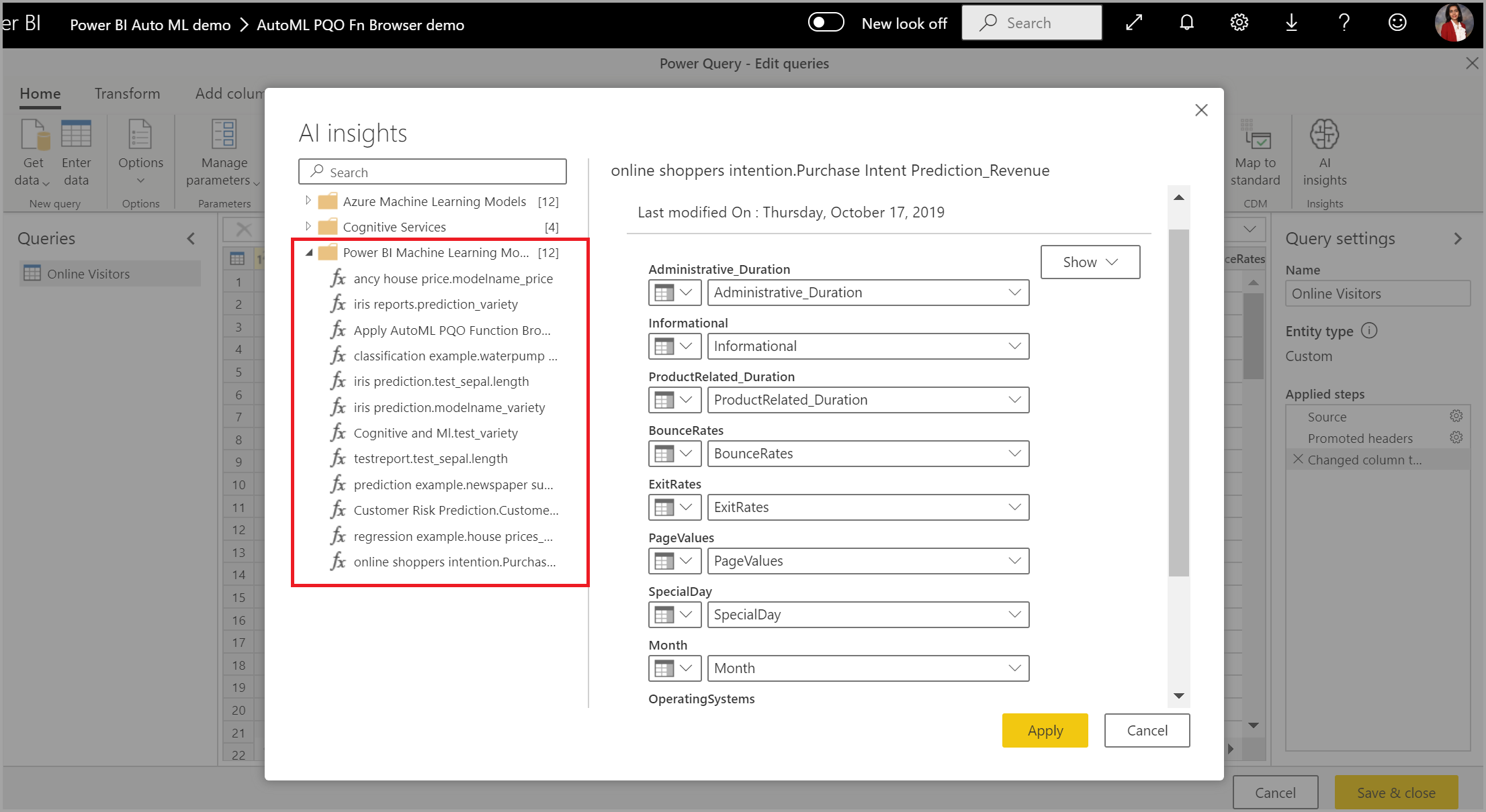 [AI 深入解析] 對話框的螢幕快照，其中醒目提示 Power BI 機器學習 模型。