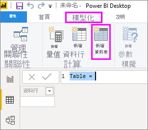 Screenshot of the Power BI Desktop menu ribbon with Table tools, New table and Data view highlighted.