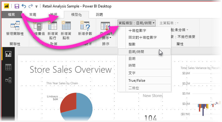 Screenshot of Power BI Desktop showing the Modeling tab with the Data Type filter selected.