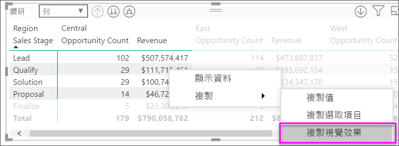 Screenshot of a matrix with several cells selected. Their shortcut menu is visible, and Copy visual is called out.