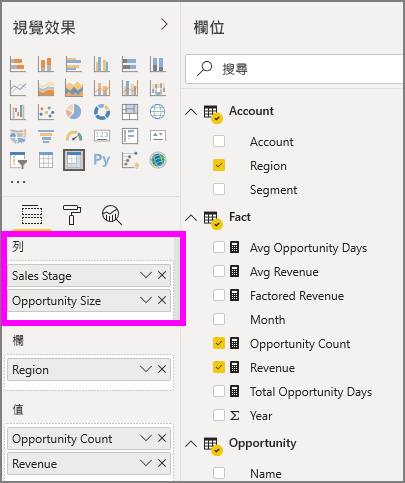 Screenshot of the Visualizations and Fields panes. The Rows section of Visualizations has Sale Stage and Opportunity Size fields and is called out.