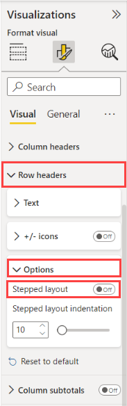 Screenshot of the Format section of the Visualizations pane. Under Options in the Row headers section, Stepped layout is turned off and called out.