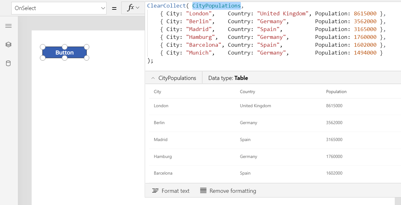 結果檢視中顯示的 CityPopulations 集合物件。