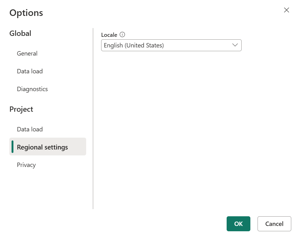 Power Query Online 中地區設定選項設定的螢幕快照。