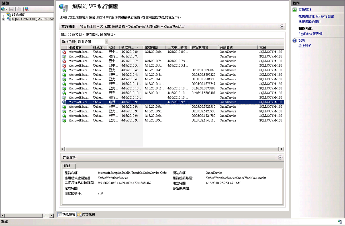 追蹤的 WF 執行個體頁面