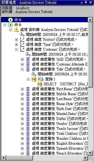 部署進度視窗中的 SQL 查詢 1 節點