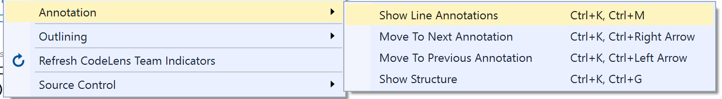 Screenshot of the Show Line Annotations menu item Use the Show Line Annotations command set