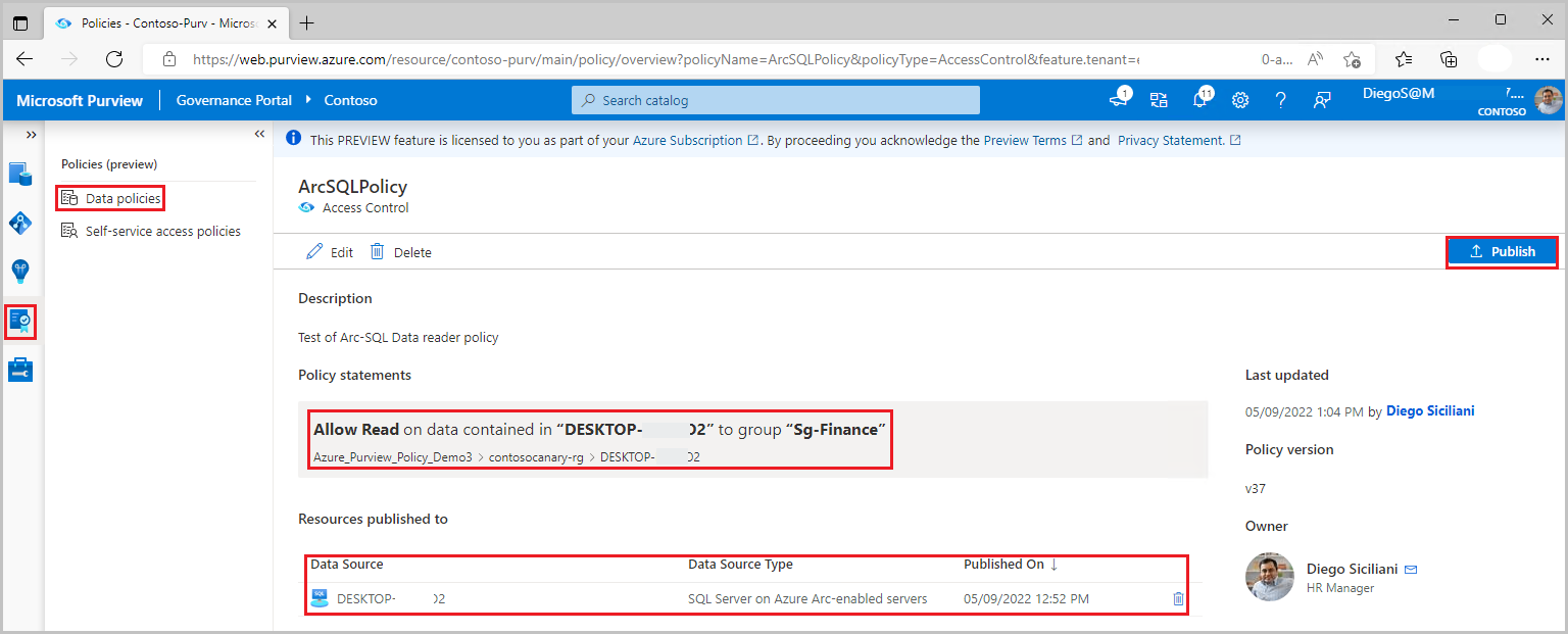 螢幕擷取畫面顯示範例資料擁有者原則，讓資料讀取者能夠存取Azure SQL資料庫。