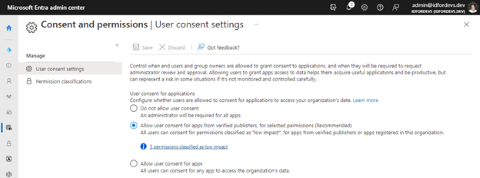 Microsoft Entra 系統管理中心中「使用者同意權限設定」的螢幕快照，用於設定來自已驗證發行者的應用程式同意。