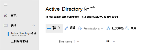 [使用中網站] 頁面上的 [建立] 按鈕。