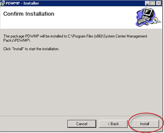 螢幕擷取畫面，其中顯示了 [確認安裝] 步驟上 PDWMP 安裝程式精靈，[安裝] 選項以紅色圈選。