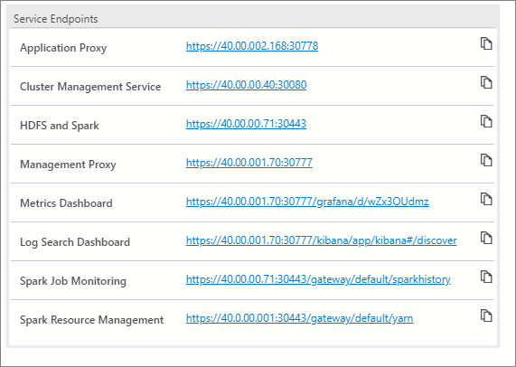 A screenshot from Azure Data Studio showing the Service endpoints.