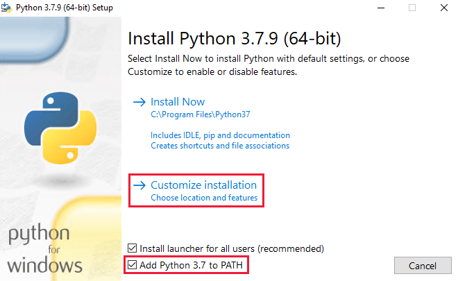 Python 3.7 安裝 - [Add Python 3.7 to PATH] \(將 Python 3.7 新增至 PATH\)