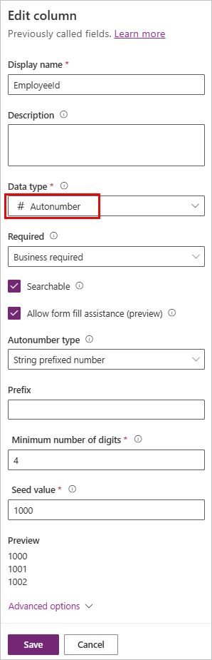 Screenshot of the Edit column panel with Data type as Autonumber.
