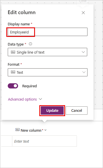 The Edit column properties popup for the New column, highlighting EmployeeId as the Display name and the Update button.