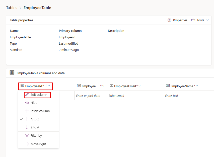 EmployeeTable columns and data with the EmployeeId column header and Edit column options highlighted.