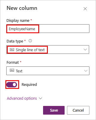 Screenshot of the Employee Name menu with the Display name, Data type, and Required fields highighted.