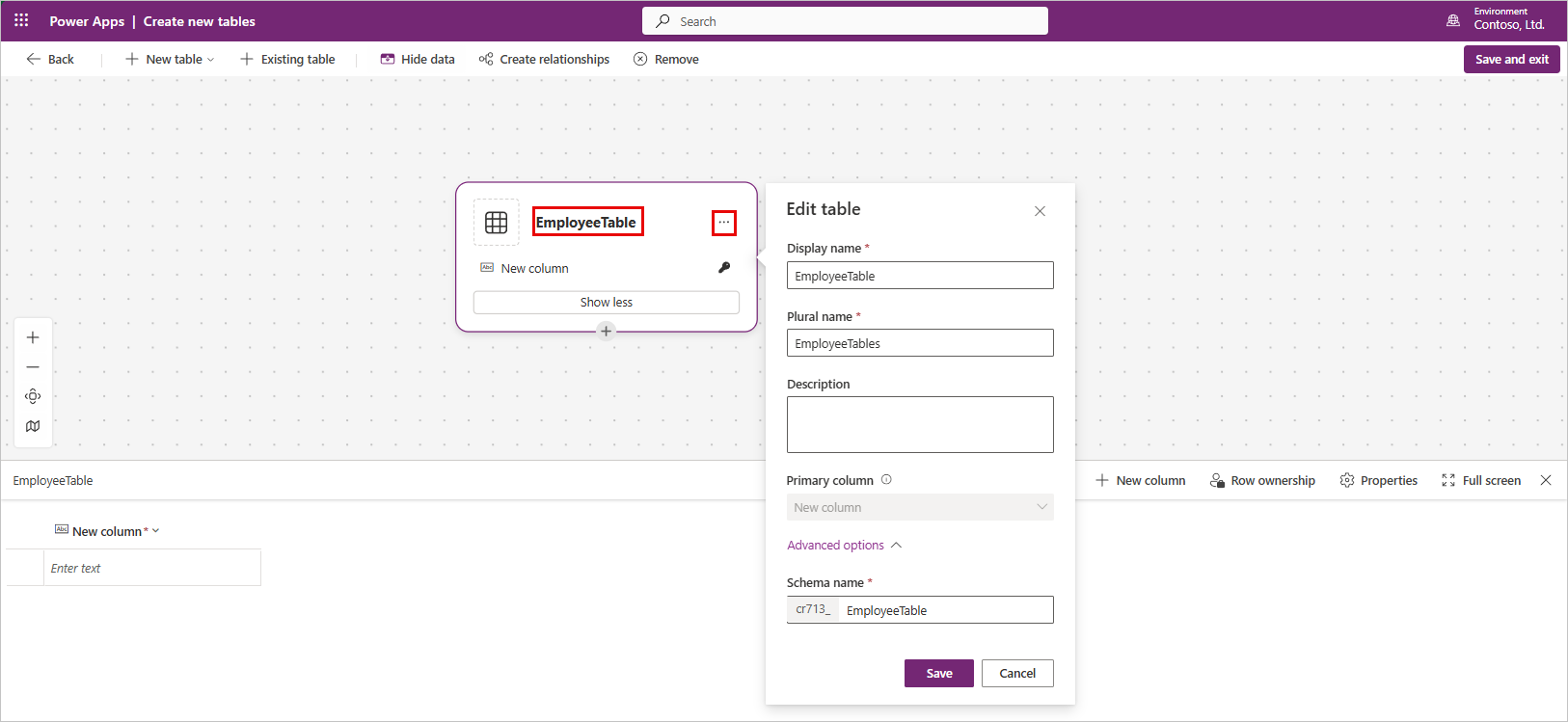 Screenshot of the Create new tables designer with the EmployeeTables header and the ellipsis highlighted, and the Edit table properties menu showing the properties mentioned above.