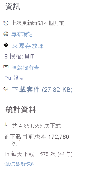 NuGet 套件上資訊與計量的螢幕擷取畫面。