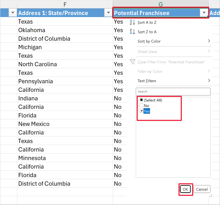 Screenshot of an Excel spreadsheet. Focus is on the Potential Franchisee column header and on the Text Filters options.