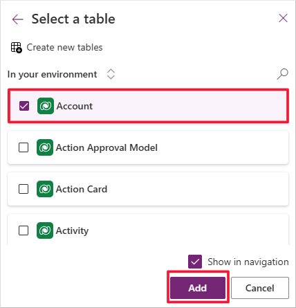 Screenshot of the Add table view and form pages form. Focus is on Select existing table, Account, and Add.