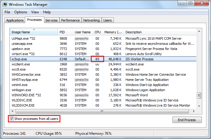 Windows 工作管理員顯示 C P U 欄位，其中 w 3 w p 執行列中標示 85。選擇「所有使用者的顯示流程」選項。