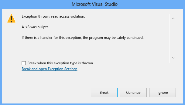 Microsoft Visual Studio 例外狀況對話框的螢幕快照，其中顯示 'A-B> 為 nullptr' 的讀取存取違規。已選取 [中斷] 按鈕。