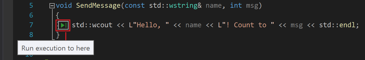 顯示了執行至點選功能和動作工具提示的調試器螢幕快照。