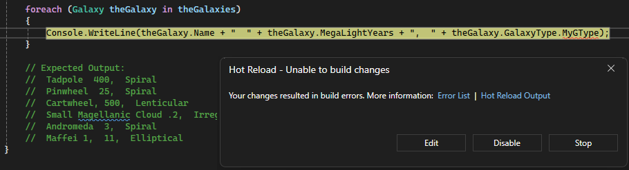 Visual Studio 偵錯工具的螢幕擷取畫面，其中一行程式碼以紅色醒目提示，以及已選取 [編輯] 選項的訊息方塊。