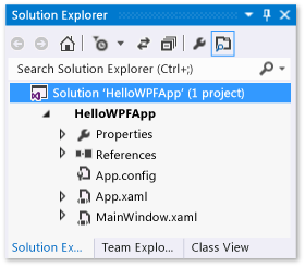 Screenshot of the Solution Explorer window showing the Properties, References, and files in the HelloWPF app. Properties window