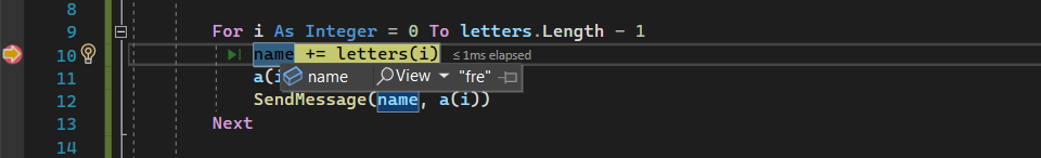 螢幕擷圖顯示在程式碼編輯器中偵錯執行停止，名為 name 的變數被醒目提示，資料提示顯示其值。