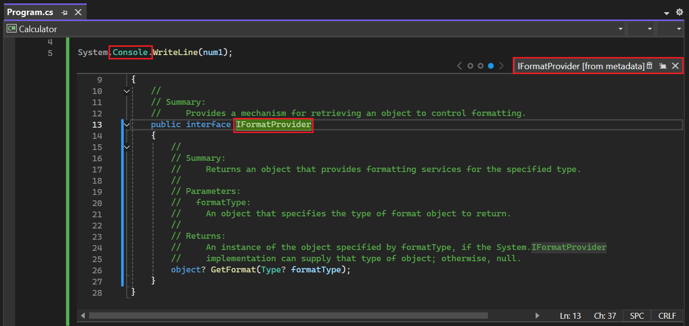 螢幕擷取畫面所示為 Visual Studio 在所選符號的定義無法取得時,會顯示反向編譯的來源程式碼。