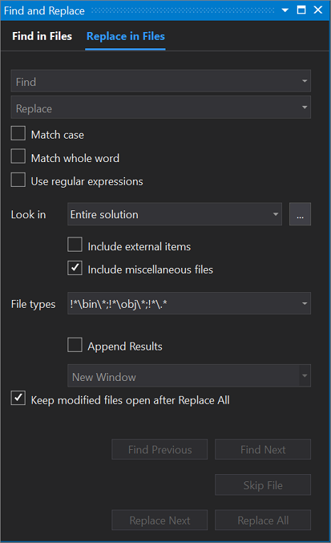 Visual Studio 2019 中 [尋找與取代] 對話方塊的螢幕擷取畫面，其中「在檔案中取代」索引標籤開啟。