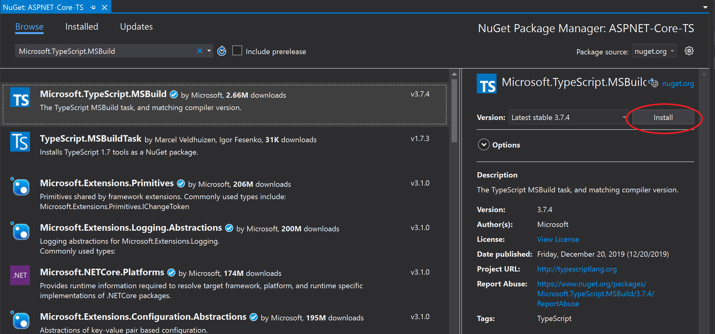 截圖顯示如何安裝 NuGet 套件。