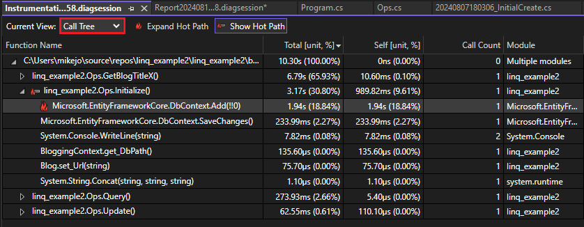 顯示呼叫樹狀結構的螢幕快照。